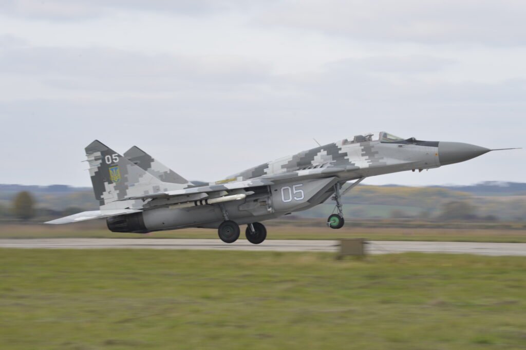 A MiG-29 Fulcrum takes off  from Starokostiantyniv Air Base, Ukraine,