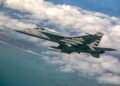 F/A-18E Super Hornet carrying four AIM-424 rounds during a test flight in April 2026.