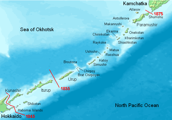 A geopolitical map of the Kuril Island chain stretching between Japan's Hokkaido and Russia's Kamchatka Peninsula. Three distinct red lines cross the island arc labeled with historical breakthrough dates—1855, 1875, and 1945—marking shifting territorial borders between the Sea of Okhotsk and the North Pacific Ocean.