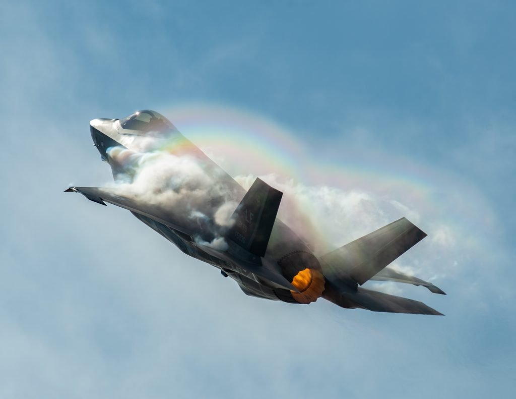 Capt. Andrew “Dojo” Olson, F-35 Heritage Flight Team pilot and commander performs a vertical climb in an F-35A Lightning II during the Bell Fort Worth Alliance Air Show Oct. 14, 2018, in Fort Worth, Texas. The F-35A Lightning II’s F-135 single-engine contains 43,000 pounds of thrust. (U.S. Air Force photo by Senior Airman Alexander Cook)