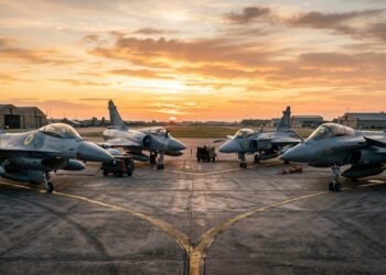 A split-screen or circular array showing the distinct noses and cockpits of an F-16, Mirage 2000, Gripen, and Rafale, all bearing the Ukrainian blue and yellow roundel.
