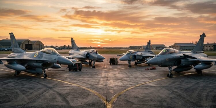 A split-screen or circular array showing the distinct noses and cockpits of an F-16, Mirage 2000, Gripen, and Rafale, all bearing the Ukrainian blue and yellow roundel.