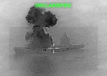 A photo of Iranian warship Shahid Bagheri during US strikes.