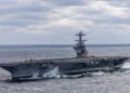 The 100,000-ton aircraft carrier PCU John F. Kennedy executing high-speed maneuvers during Atlantic sea trials 2026