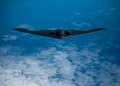 A B-2 Spirit bomber deployed from Whiteman Air Force Base, Missouri, flies near Joint Base Pearl Harbor-Hickam, Hawaii, during an interoperability training mission Jan. 15, 2019. The aircraft are flying in support of a U.S. Strategic Command Bomber Task Force mission. U.S. Strategic Command’s Bomber Forces regularly conduct combined theater security cooperation engagements with allies and partners, demonstrating the U.S. capability to command, control and conduct bomber missions across the globe.