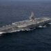 The U.S. Navy aircraft carrier USS Abraham Lincoln (CVN-72) underway in the Atlantic Ocean during a strait transit exercise