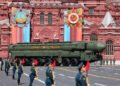A Russian Yars intercontinental ballistic missile system drives in Red Square during a military parade on Victory Day in central Moscow