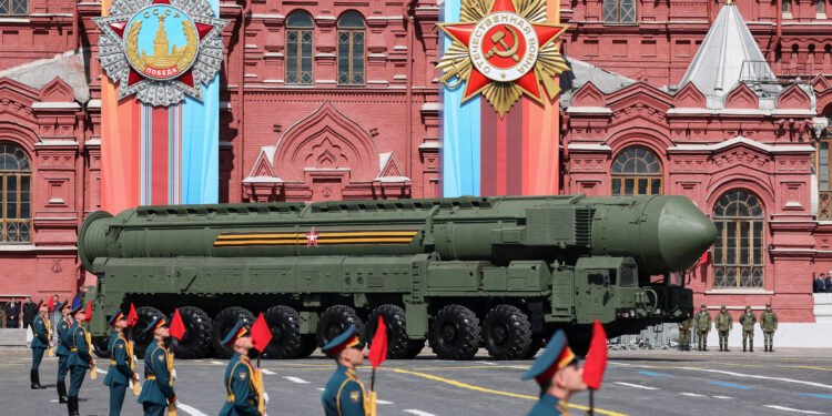 A Russian Yars intercontinental ballistic missile system drives in Red Square during a military parade on Victory Day in central Moscow