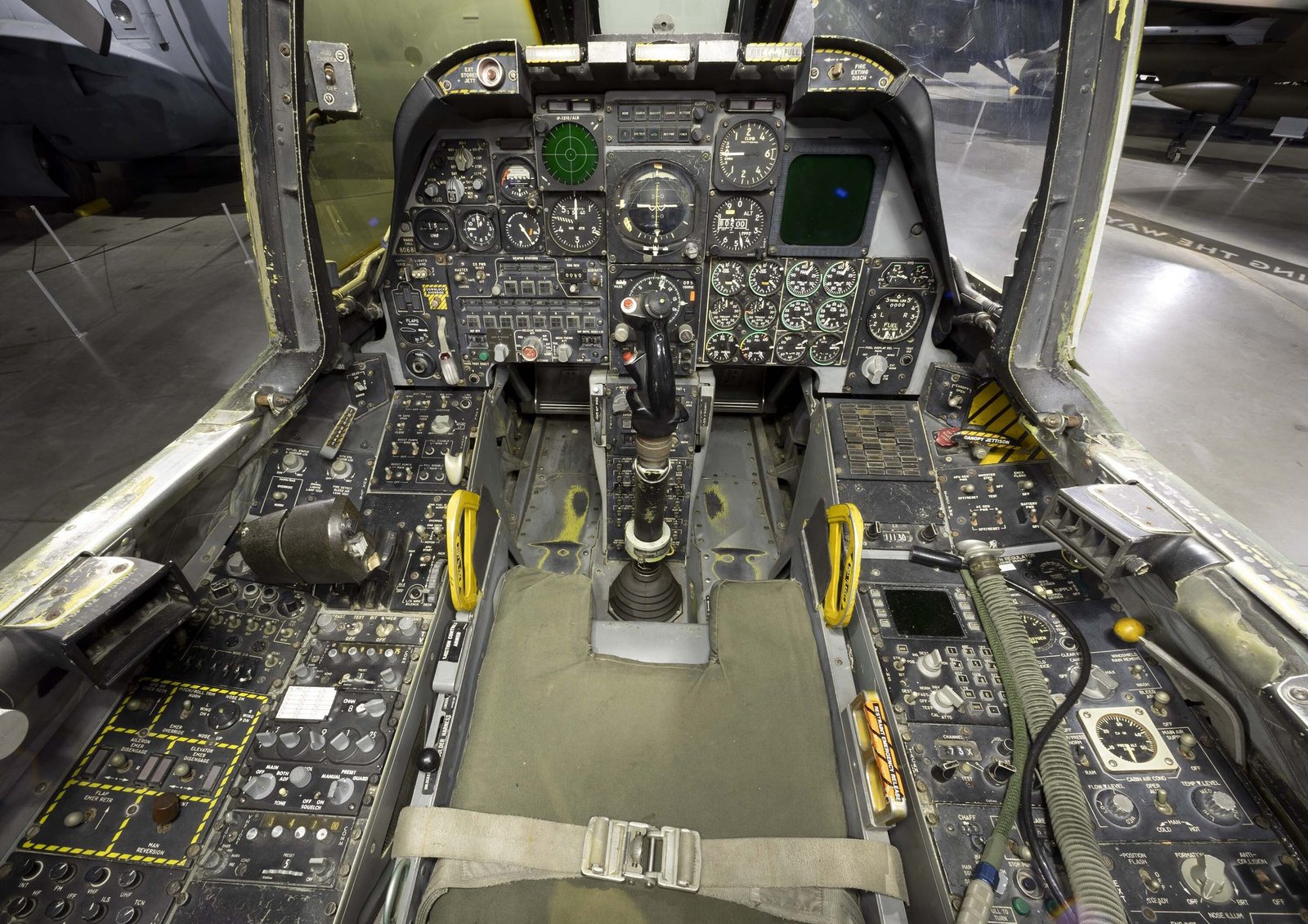 The Fairchild Republic A-10A Thunderbolt II cockpit view in the Cold War Gallery at the National Museum of the U.S. Air Force