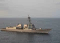 Arleigh Burke-class guided-missile destroyer USS Pinckney (DDG 91) conducts blockade operations, April 17, 2026. Pinckney is deployed to the U.S. 5th Fleet area of operations to support maritime security and stability in the Middle East.