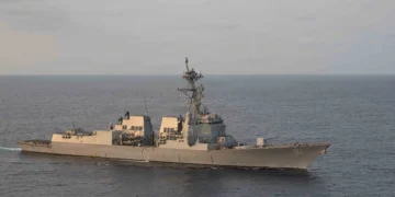 Arleigh Burke-class guided-missile destroyer USS Pinckney (DDG 91) conducts blockade operations, April 17, 2026. Pinckney is deployed to the U.S. 5th Fleet area of operations to support maritime security and stability in the Middle East.