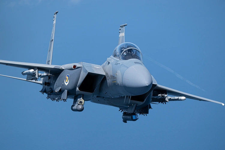 F-15EX Eagle II supersonic fighter jet during a test flight.