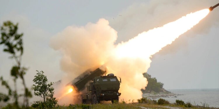 M142 High Mobility Artillery Rocket System (HIMARS) fires a training rocket during a live-fire exercise in Undva, Estonia, July 11, 2025. The exercise included dry-firing, equipment staging, communication systems checks, and concluded with live-fire qualifications.
