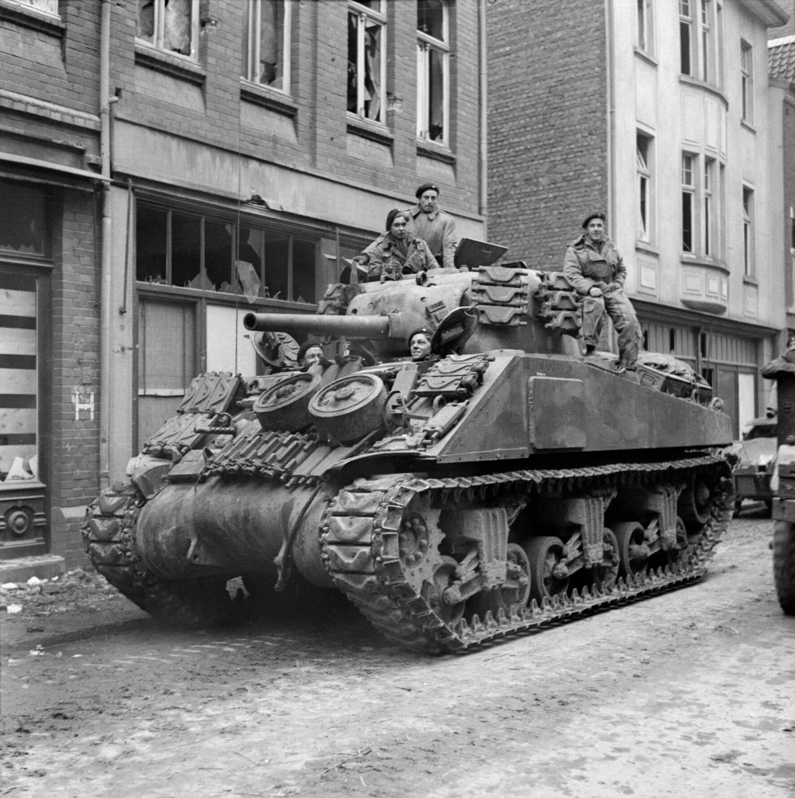 A Sherman tank of 8th Armored Brigade in Kevelaer, Germany, 4 March 1945.