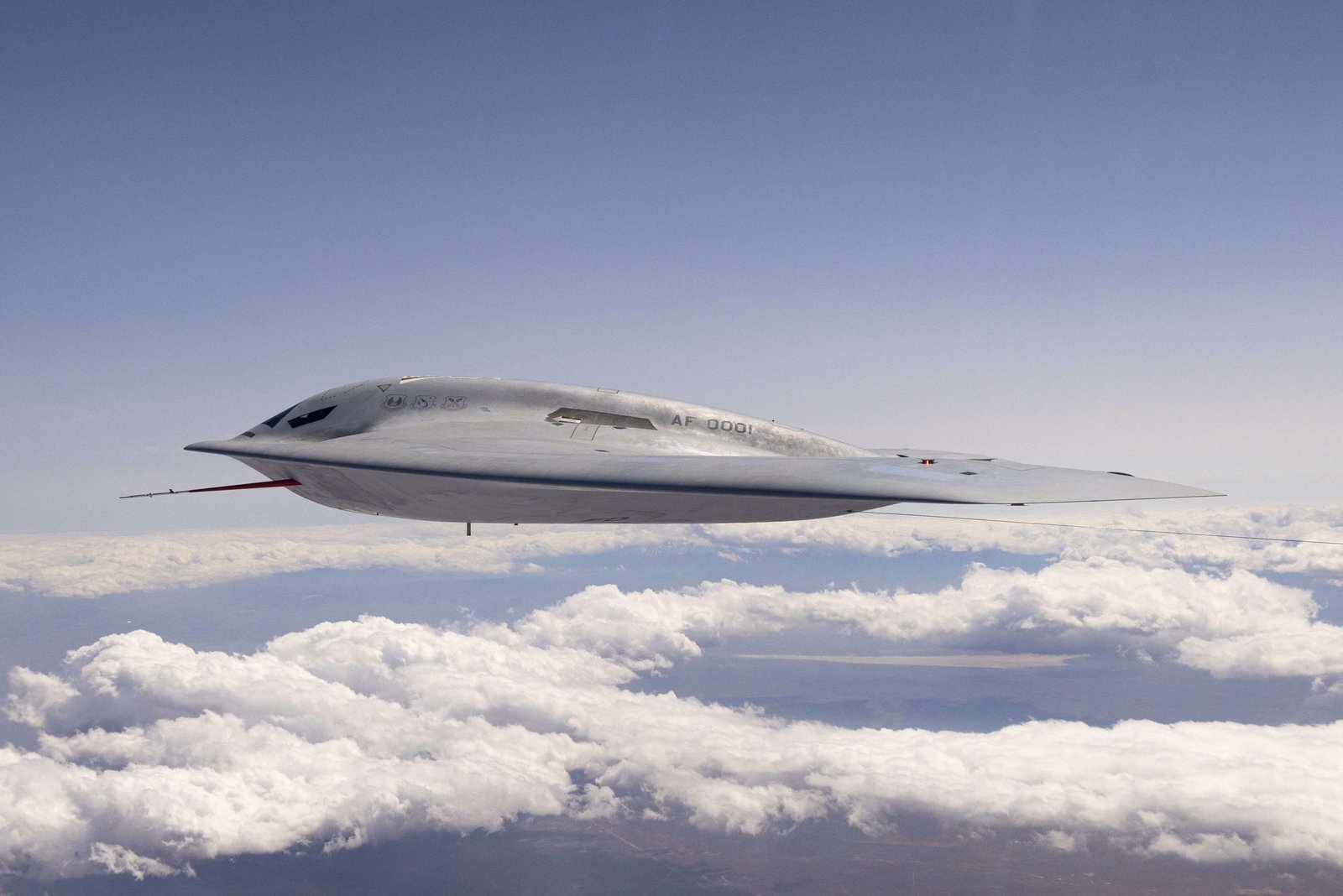 B-21 in flight 2024. A B-21 Raider conducts flight testing, which includes ground testing, taxiing, and flying operations, at Edwards Air Force Base, California.