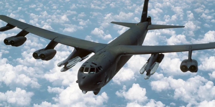 An air-to-air front view of a B-52G Stratofortress aircraft from the 416th bombardment Wing armed with AGM-86B air-launched cruise missiles (ALCMs).
