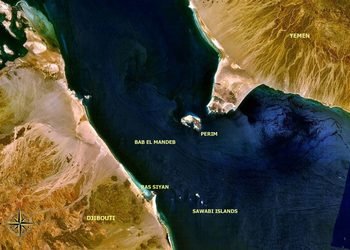 Satellite view of the Bab el-Mandeb Strait highlighting the strategic positioning of Perim and Hanish islands.