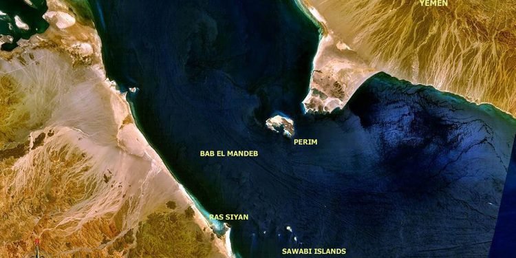 Satellite view of the Bab el-Mandeb Strait highlighting the strategic positioning of Perim and Hanish islands.