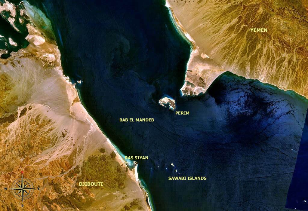A satellite photo of Bab al-Mandab, with labels
