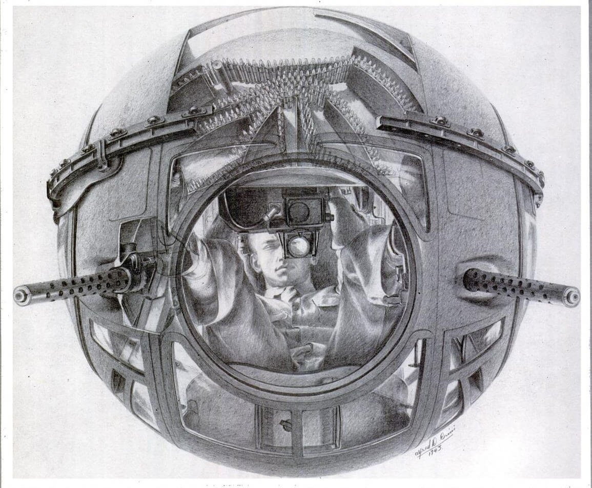 Cutaway diagram or close-up profile of a B-17 ball turret showing the fetal position of the gunner.