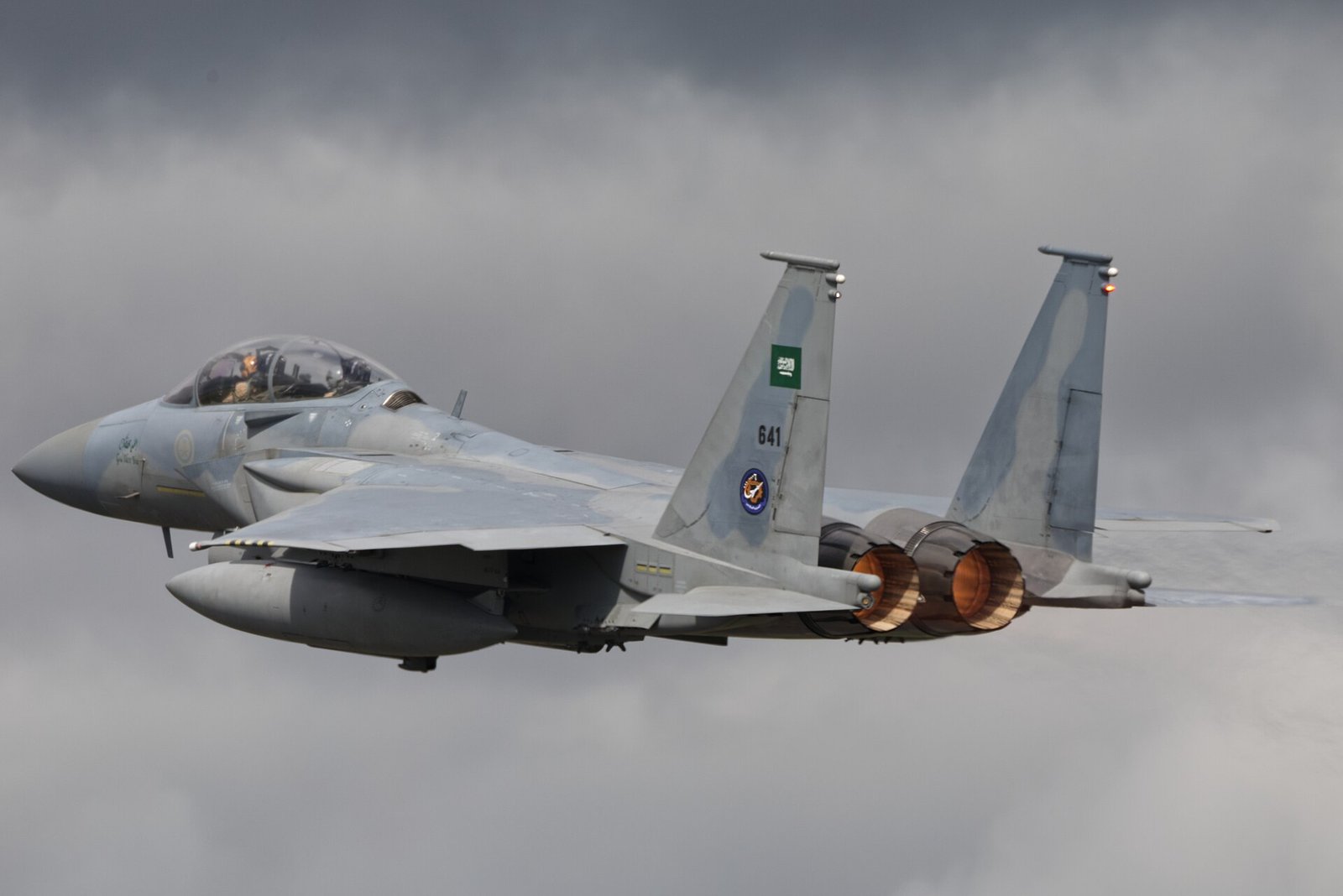 Royal Saudi Air Force F-15SA conducting combat takeoff for interdiction mission.