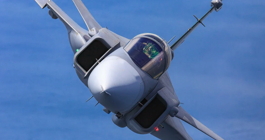 A Swedish Air Force JAS 39 Gripen multirole fighter jet during military exercises.