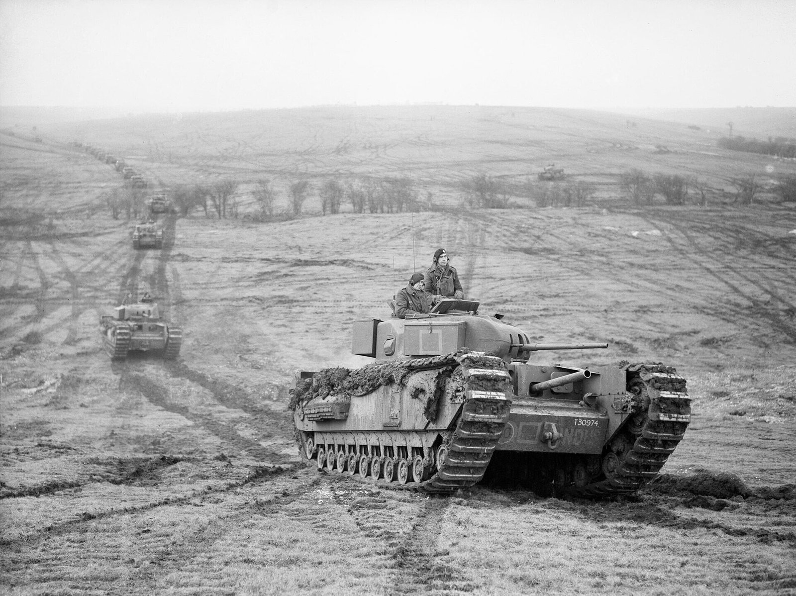 Churchill tanks of 9th Royal Tank Regiment during an exercise at Tilshead on Salisbury Plain, 31 January 1942.
