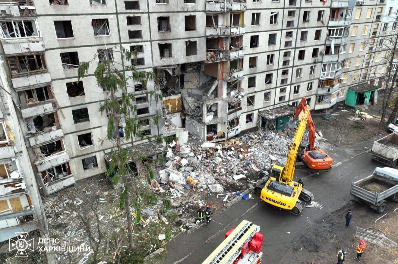 A nine-story apartment building in Kharkiv, Ukraine, after being hit by a Russian FAB-500 bomb during the Russian invasion of Ukraine in October 2024