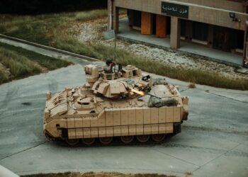 A U.S. Army M2A4 Bradley infantry fighting vehicle maneuvering during testing exercises.