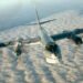 A Russian Tu-95 strategic bomber in flight, showcasing its swept wings and four turboprop engines.