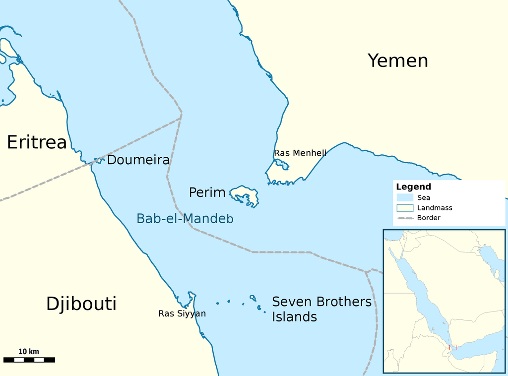 A satellite photo of Bab al-Mandab, with labels