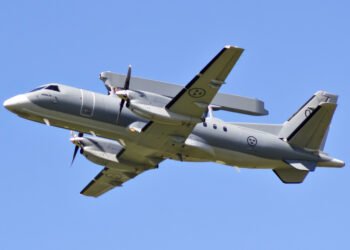Saab 340 AEW&C (ASC 890) aircraft featuring the fixed rectangular Erieye AESA radar fairing on its fuselage.