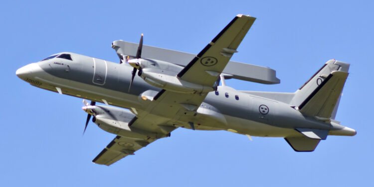 Saab 340 AEW&C (ASC 890) aircraft featuring the fixed rectangular Erieye AESA radar fairing on its fuselage.