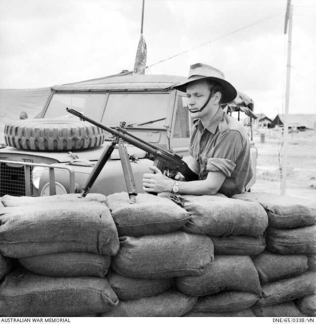 A sentry with an L2A1 at Bien Hoa Air Base, 1965.