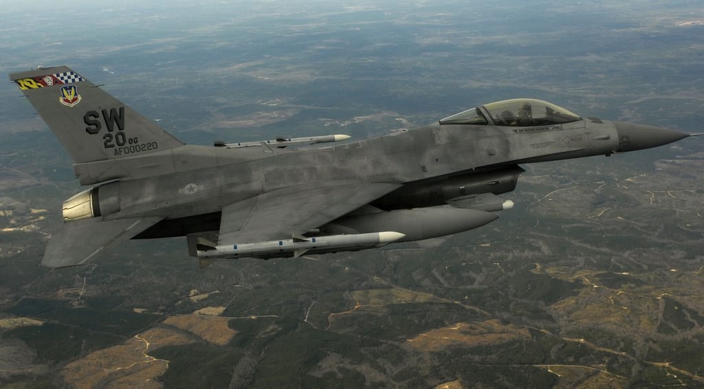A U.S. Air Force F-16CJ Fighting Falcon taking off for a Suppression of Enemy Air Defenses mission.