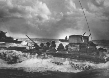 U.S. Marines conducting amphibious operations in Landing Vehicle Tracked (LVT) platforms during the late 1940s.