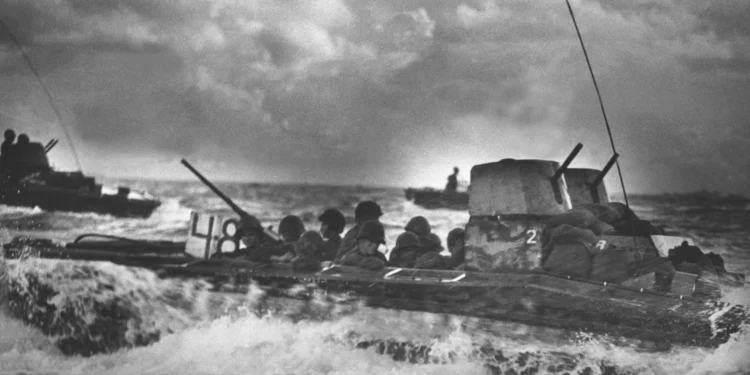 U.S. Marines conducting amphibious operations in Landing Vehicle Tracked (LVT) platforms during the late 1940s.