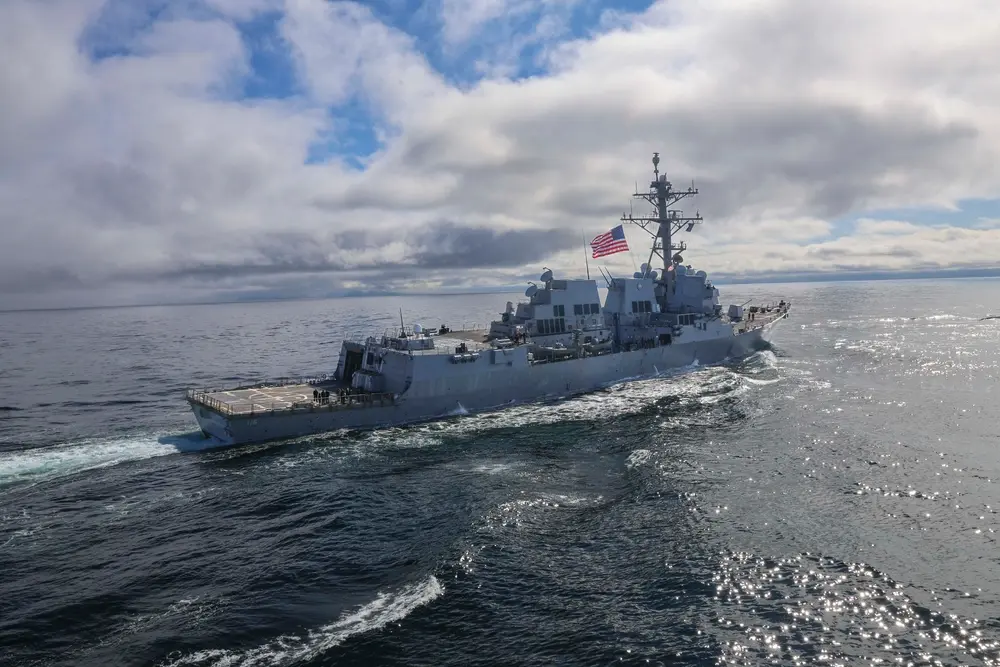 The Arleigh Burke-class guided-missile destroyer USS Thomas Hudner (DDG 116) sails alongside the Arleigh Burke-class guided-missile destroyer USS Bulkeley (DDG 84), during exercise At-Sea Demonstration (ASD) / Formidable Shield (FS) 2025. ASD/FS 25 is the largest at-sea live-fire exercise in the European theater, hosted by U.S. 6th Fleet and executed by Naval Striking and Support Forces NATO