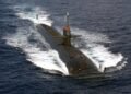 The Los Angeles-class attack submarine USS Louisville (SSN 724) underway off the coast of southern California.