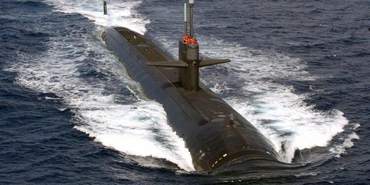 The Los Angeles-class attack submarine USS Louisville (SSN 724) underway off the coast of southern California.