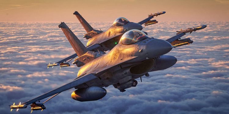 F-16 fighter jet performing combat air patrol over NATO's eastern flank.