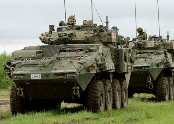 Canadian Army LAV VI armored vehicle operating during combat maneuvers.