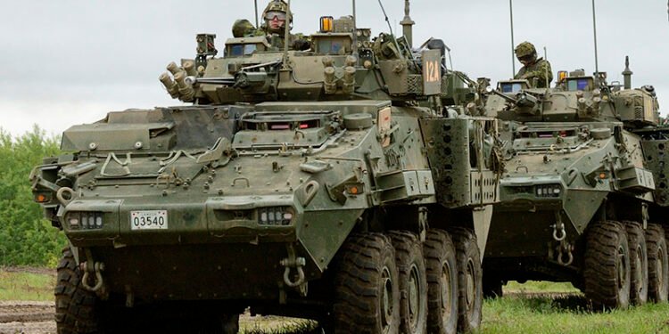 Canadian Army LAV VI armored vehicle operating during combat maneuvers.