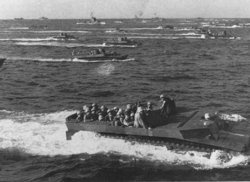 U.S. Marines conducting amphibious operations in Landing Vehicle Tracked (LVT) platforms during the late 1940s.