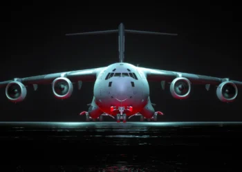 A massive U.S. Air Force C-17 Globemaster touching down on a foggy runway, with the Kremlin's red towers faintly visible in the background.