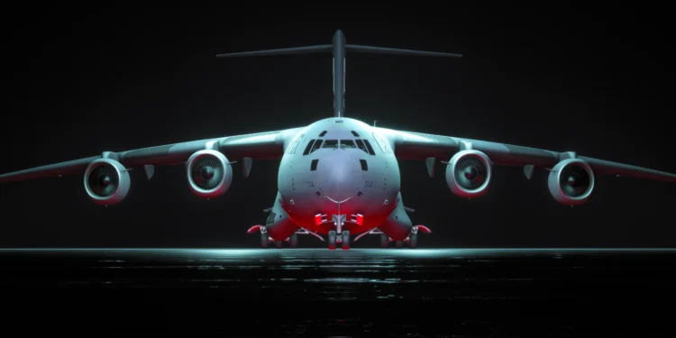 A massive U.S. Air Force C-17 Globemaster touching down on a foggy runway, with the Kremlin's red towers faintly visible in the background.