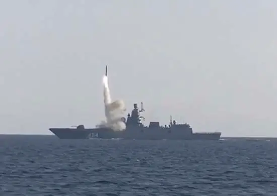 Russian Project 22350 frigate Admiral Gorshkov launching a missile from a 3S14 vertical launch system.