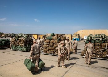 Marines of 2nd Battalion, 7th Marines packing up gear to withdraw from Al-Taqaddum Air Base, 24 March 2020
