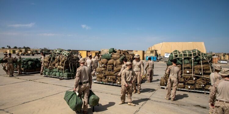 Marines of 2nd Battalion, 7th Marines packing up gear to withdraw from Al-Taqaddum Air Base, 24 March 2020